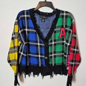Runway 7 Distressed Plaid Multi-Color Cardigan Women's Size XL NWT